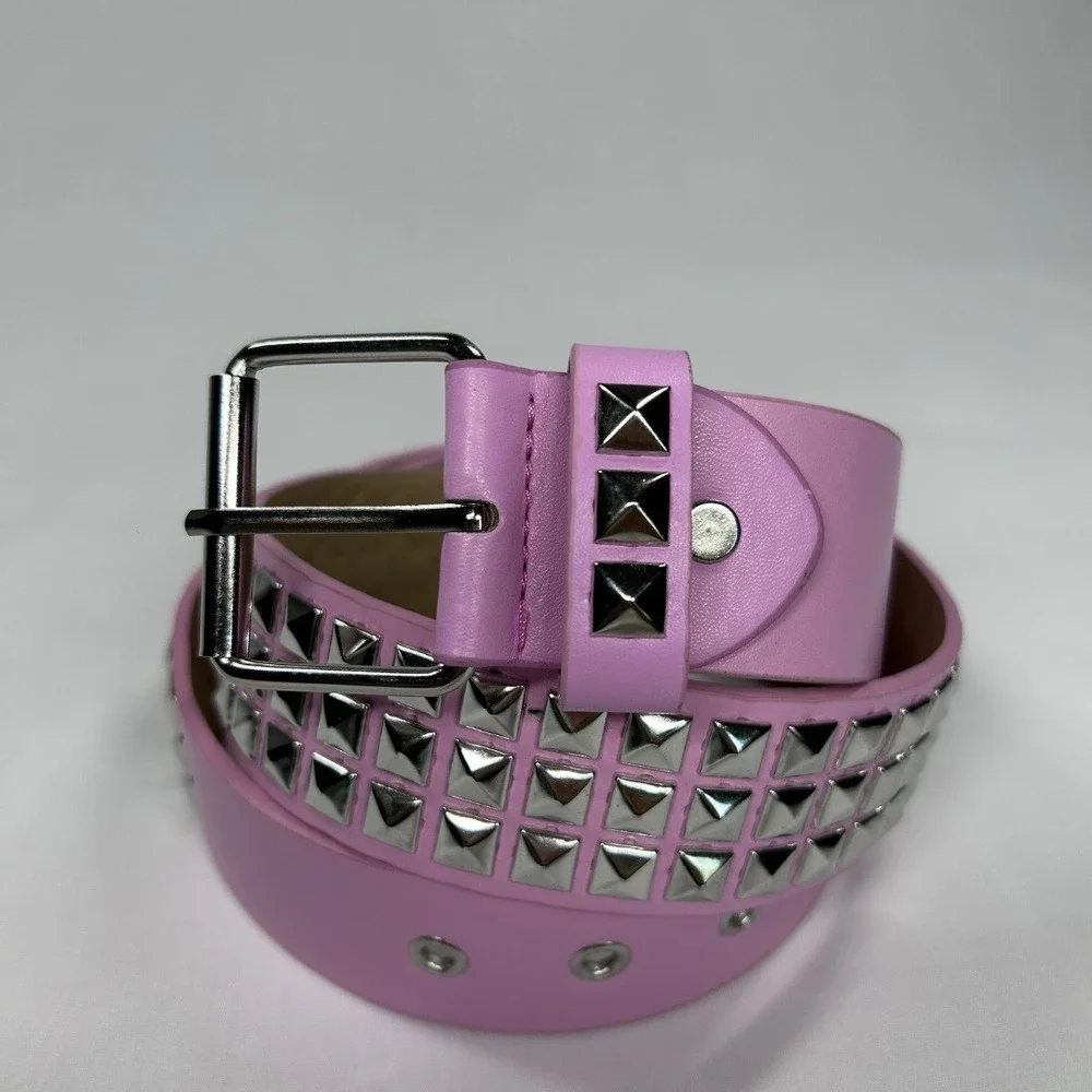 Pink Faux Leather Studded Belt 3 Row Silver Pyramid Studs Punk Emo NWOT